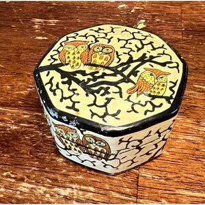 Hand-Painted Hexagonal Lacquer Trinket Box Owl Design Signed Kashmir India VTG D